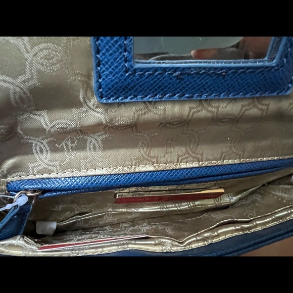 Ivanka Trump preppy blue clutch gold hardware with cream& gold stripes - Picture 6 of 8